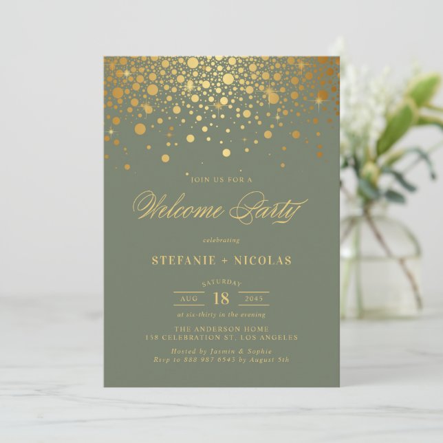 Invitation Faux Gold Foil Confetti Dots Green Welcome Party (Debout devant)