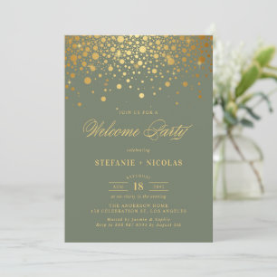 Invitation Faux Gold Foil Confetti Dots Green Welcome Party