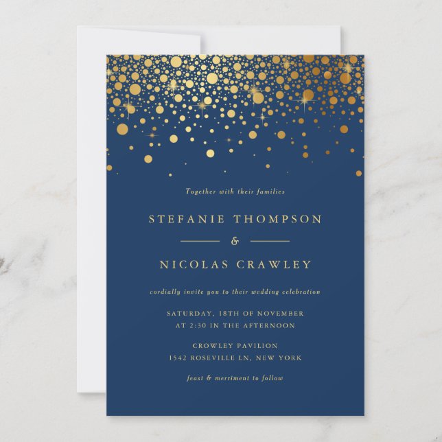 Invitation Faux Gold Foil Confetti Dots Mariage bleu marine (Devant)