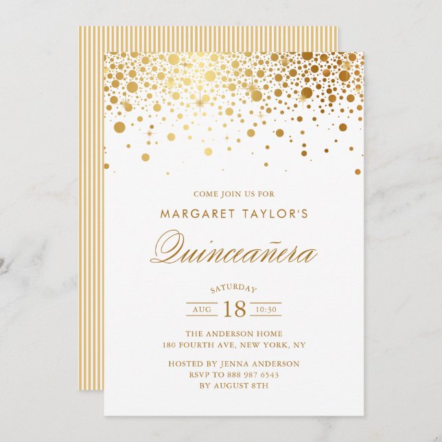 Invitation Faux Gold Foil Confetti Dots Quinceañera (Devant / Derrière)
