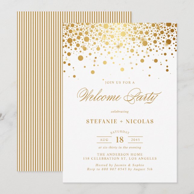 Invitation Faux Gold Foil Confetti Dots White Welcome Party (Devant / Derrière)