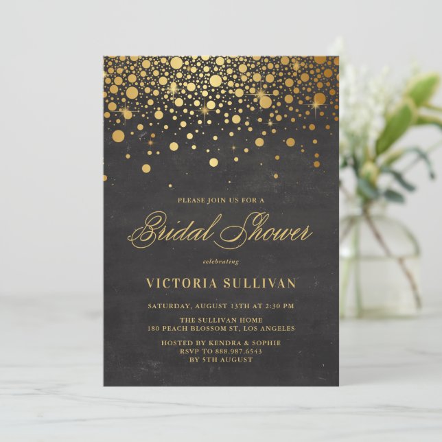 Invitation Faux Gold Foil Confetti | Fête des mariées de tabl (Debout devant)