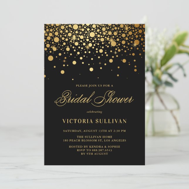 Invitation Faux Gold Foil Confetti Fête des mariées noire (Debout devant)