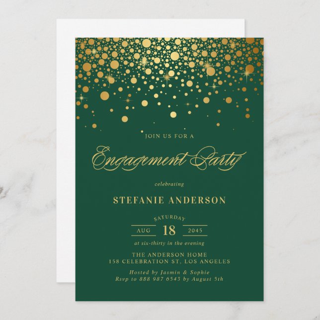 Invitation Faux Gold Foil Confetti Green Engagement (Devant / Derrière)