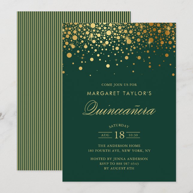 Invitation Faux Gold Foil Confetti Green Quinceañera (Devant / Derrière)