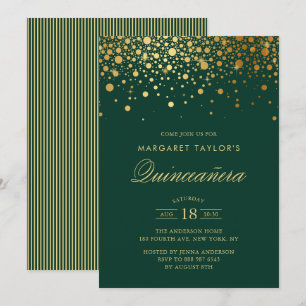 Invitation Faux Gold Foil Confetti Green Quinceañera