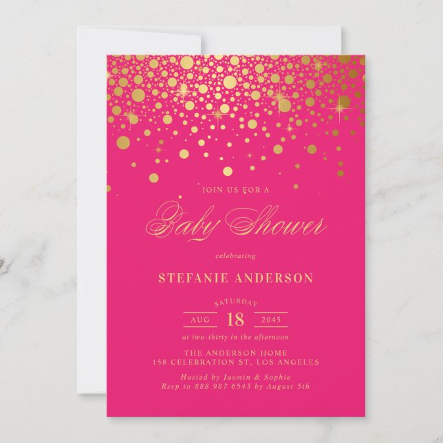 Invitation Faux Gold Foil Confetti Hot Pink Baby shower (Devant)