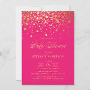 Invitation Faux Gold Foil Confetti Hot Pink Baby shower