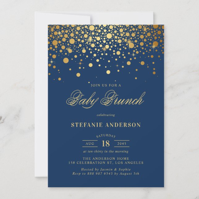 Invitation Faux Gold Foil Confetti Marine Blue Baby Brunch (Devant)