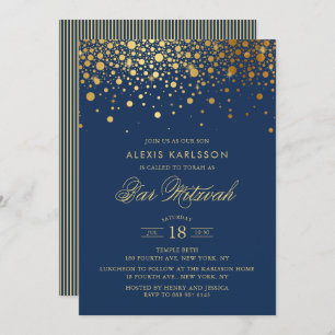 Invitation Faux Gold Foil Confetti Navy Blue Bar Mitzvah