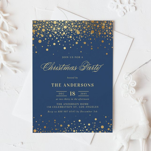 Invitation Faux Gold Foil Confetti Noël | Bleu (Créateur téléchargé)