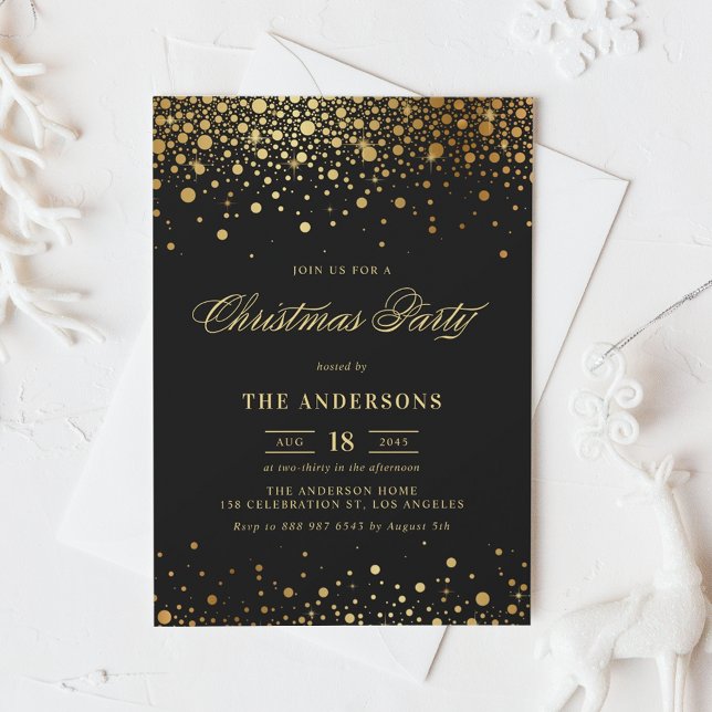 Invitation Faux Gold Foil Confetti Noël | Noir (Créateur téléchargé)