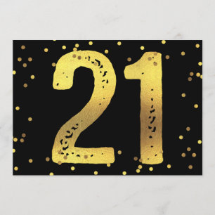 Invitation Faux Gold Foil Confetti Noir 21e fête d'anniversai