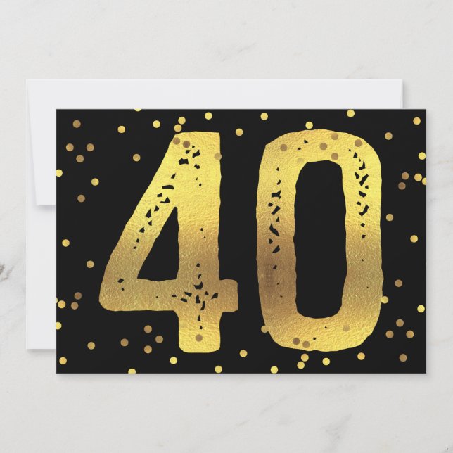 Invitation Faux Gold Foil Confetti Noir 40e fête d'anniversai (Devant)