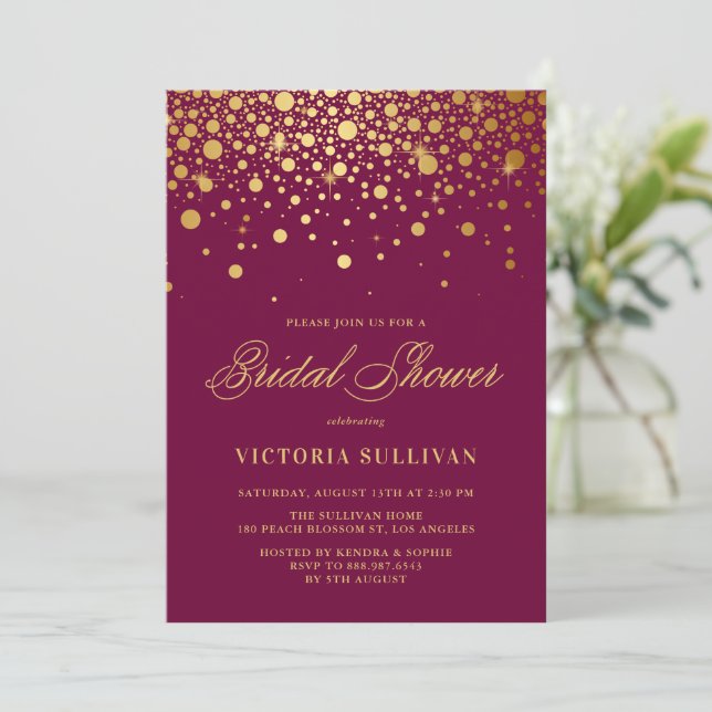 Invitation Faux Gold Foil Confetti Purple Fête des mariées (Debout devant)