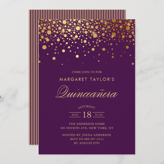 Invitation Faux Gold Foil Confetti Purple Quinceañera (Devant / Derrière)