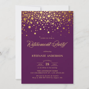 Invitation Faux Gold Foil Confetti Purple Retirement Party