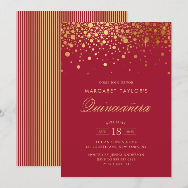 Invitation Faux Gold Foil Confetti Red Quinceañera (Devant / Derrière)