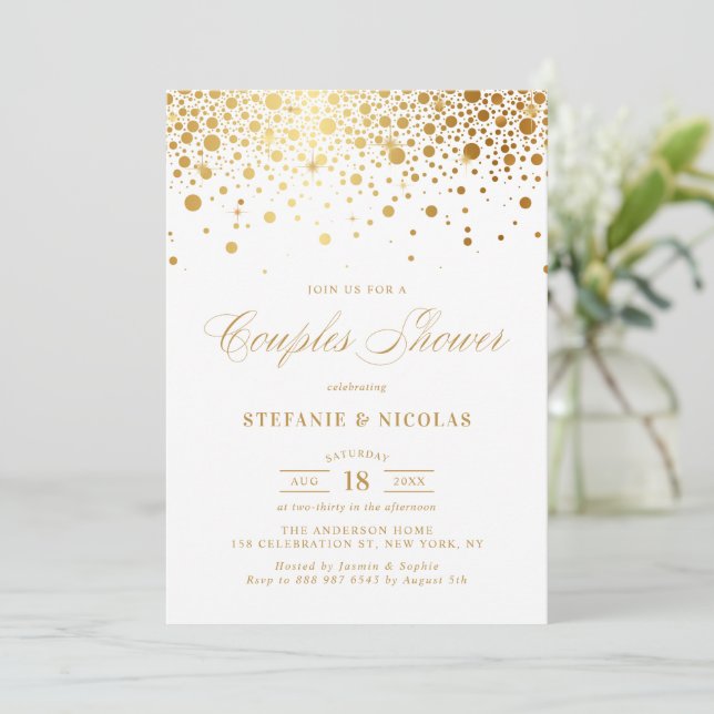Invitation Faux Gold Foil Confetti White Couples Douche (Debout devant)