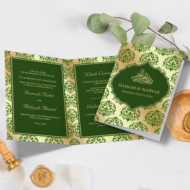 Invitation Faux Gold Foil Dark Green Damask Mariage musulman (Créateur téléchargé)