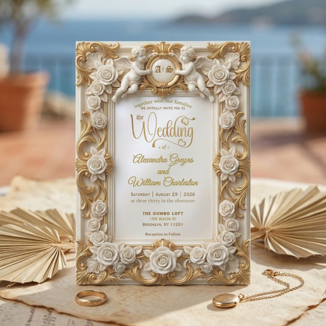 Invitation Faux Gold Foil Embossed Style Baroque Monogram (Créateur téléchargé)