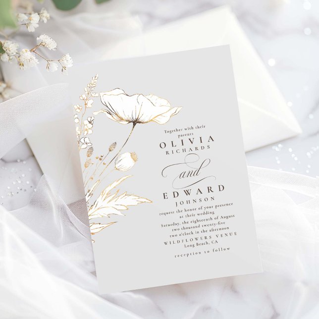 Invitation Faux Gold Foil Fleur sauvage gris clair Mariage (Wildflowers Elegant Wedding Invitation)