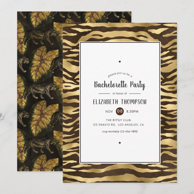 Invitation Faux Gold Foil Jungle Tiger Bachelorette (Devant / Derrière)