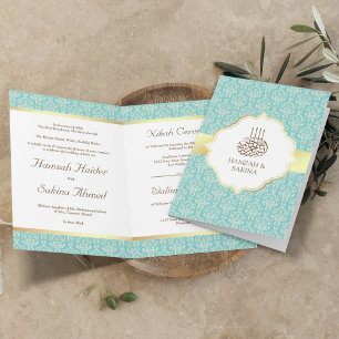 Invitation Faux Gold Foil Lumière Turquoise Damask Musulman M