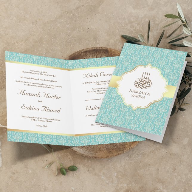Invitation Faux Gold Foil Lumière Turquoise Damask Musulman M (Créateur téléchargé)