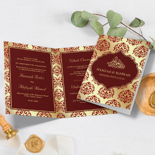 Invitation Faux Gold Foil Maroon Red Damask Mariage musulman
