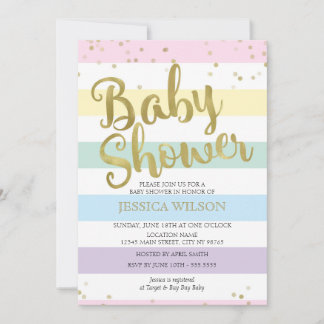 Invitation Faux Gold Foil, Pastel Rainbow Stripes Baby shower