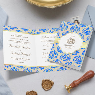 Invitation Faux Gold Foil Royal Blue Damask Mariage musulman