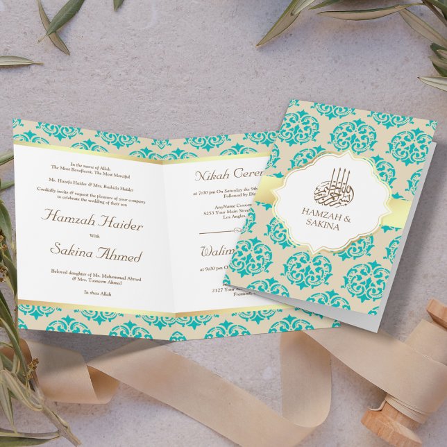 Invitation Faux Gold Foil Turquoise Bleu Damas Musulman Maria (Créateur téléchargé)