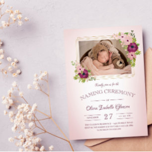 Invitation Faux Gold Frames Blush Floral Naming Ceremony