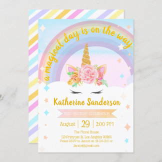 Invitation Faux Gold Girls Magical Unicorn Rainbow Birthday