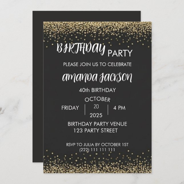 Invitation Faux Gold Glitter Black 40th Birthday (Devant / Derrière)