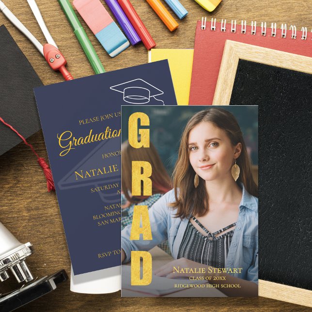 Invitation Faux Gold GRAD Photo Class 2026 Graduation Party (Modern Faux Gold Foil GRAD Photo Class of 2026 Graduation Party Invitation )