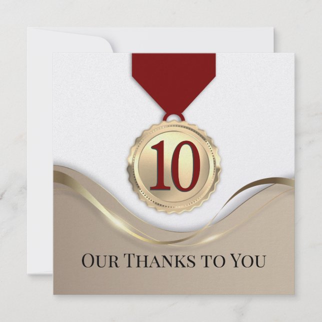 Invitation Faux gold medal employee anniversary 10 years card (Devant)