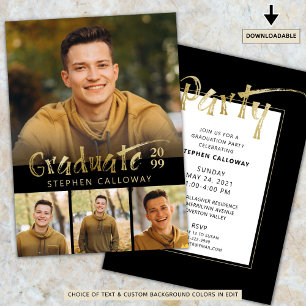 Invitation Faux Gold Metallic moderne 4 Photo Graduation Part