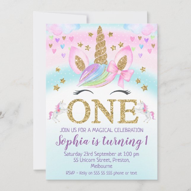 Invitation Faux Gold One Unicorn Rainbow 1er anniversaire (Devant)