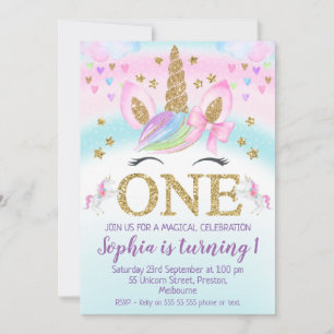 Invitation Faux Gold One Unicorn Rainbow 1er anniversaire