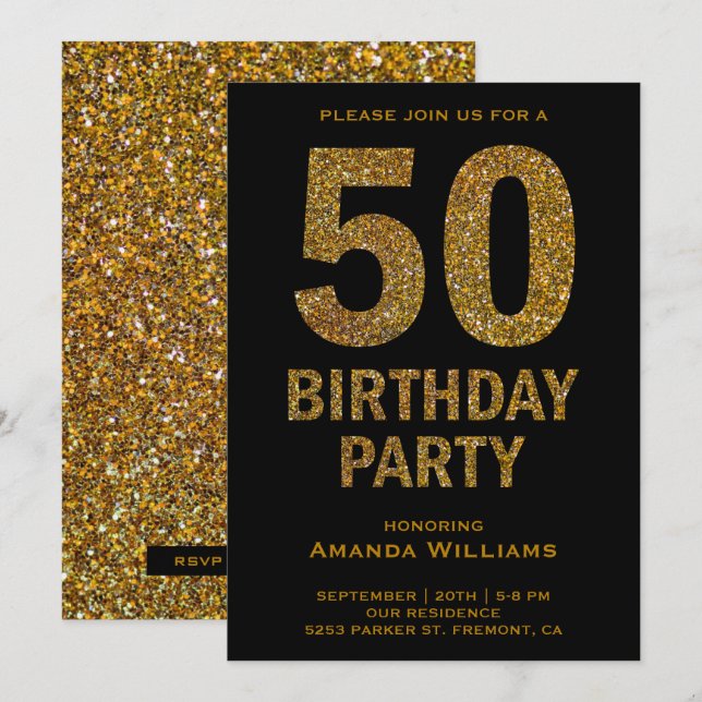 Invitation Faux Gold Parties scintillant 50e Anniversaire Fêt (Devant / Derrière)