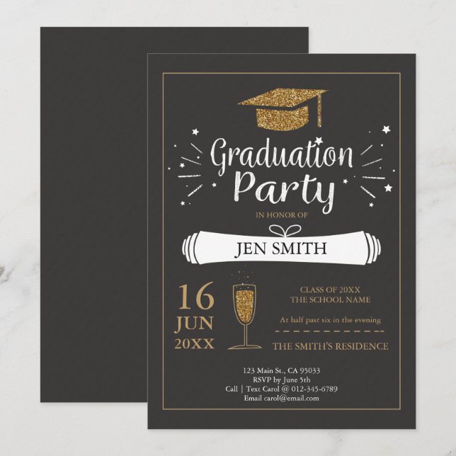 Invitation Faux Gold Parties scintillant Casquette Graduation (Devant / Derrière)