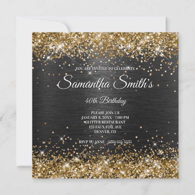 Invitation Faux Gold Parties scintillant et Black Foil 40e an (Devant)