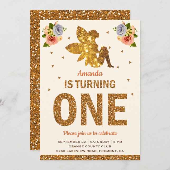 Invitation Faux Gold Parties scintillant Fée magique 1ère fêt (Devant / Derrière)