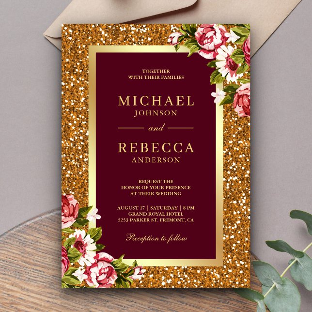 Invitation Faux Gold Parties scintillant rose Floral Bourgogn (Créateur téléchargé)