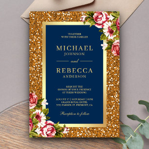 Invitation Faux Gold Parties scintillant rose Floral Marine M