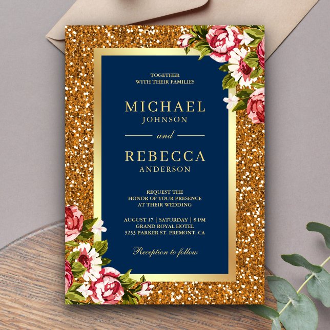Invitation Faux Gold Parties scintillant rose Floral Marine M (Créateur téléchargé)