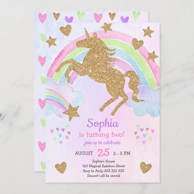 Invitation Faux Gold Parties scintillant Unicorn fille Annive (Devant / Derrière)