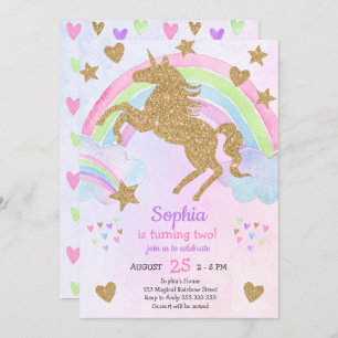 Invitation Faux Gold Parties scintillant Unicorn Girl Birthda